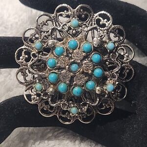 Vintage Filigree Turquoise Bead brooch Floral Circular Pin Silver Tone